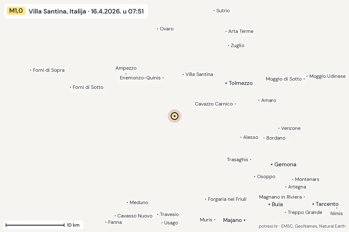Karta: okolica epicentra, 60 km, potres M1,0, Villa Santina, Italija, 16.4.2026.