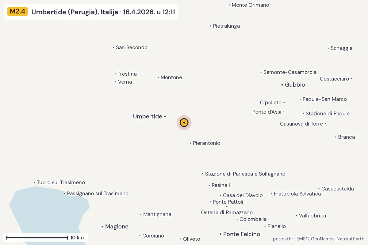 Karta: okolica epicentra, 60 km, potres M2,4, Umbertide (Perugia), Italija, 16.4.2026.