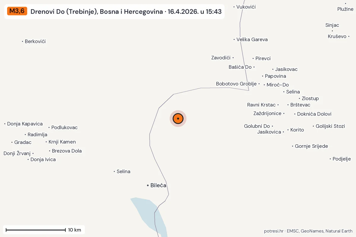 Karta: okolica epicentra, 60 km, potres M3,6, Drenovi Do (Trebinje), Bosna i Hercegovina, 16.4.2026.