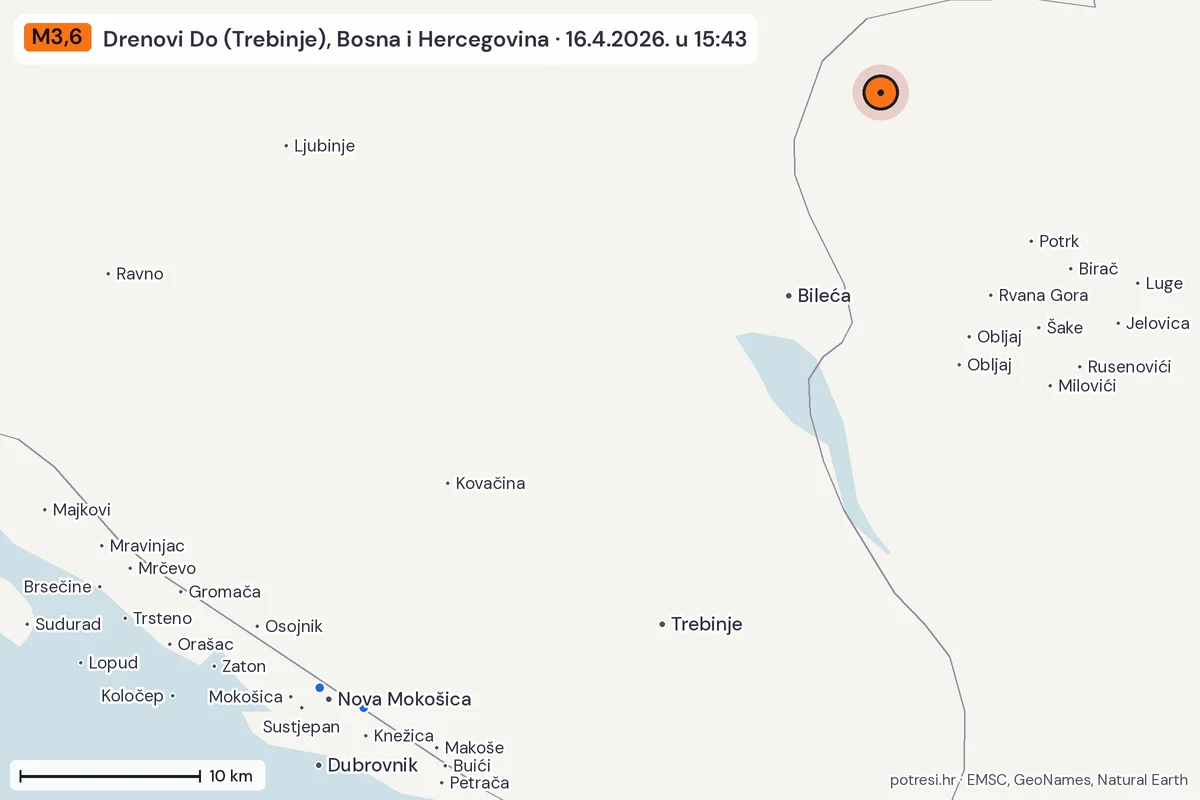 Karta: izvješća građana, potres M3,6, Drenovi Do (Trebinje), Bosna i Hercegovina, 16.4.2026.
