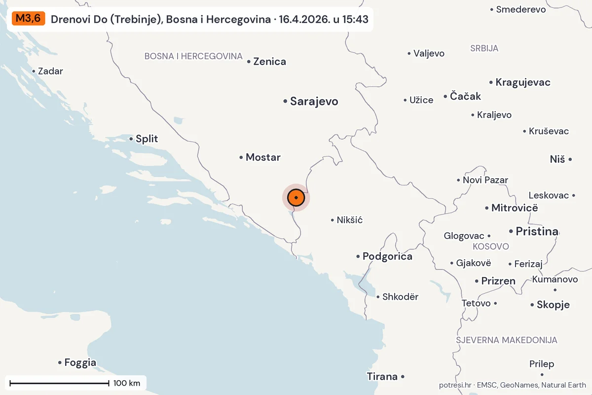 Karta: šire područje, 600 km, potres M3,6, Drenovi Do (Trebinje), Bosna i Hercegovina, 16.4.2026.