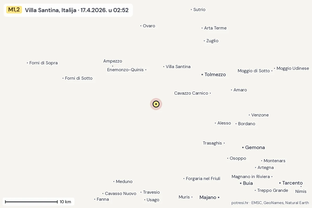 Karta: okolica epicentra, 60 km, potres M1,2, Villa Santina, Italija, 17.4.2026.