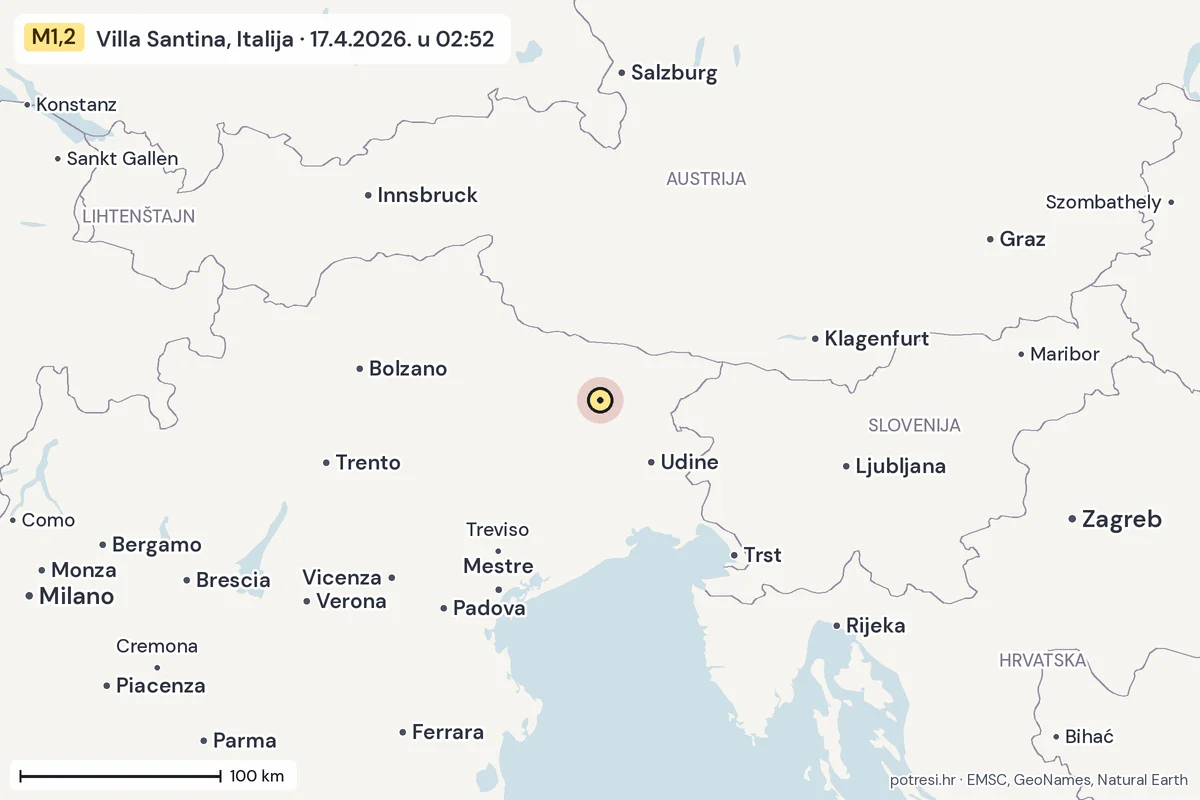 Karta: šire područje, 600 km, potres M1,2, Villa Santina, Italija, 17.4.2026.