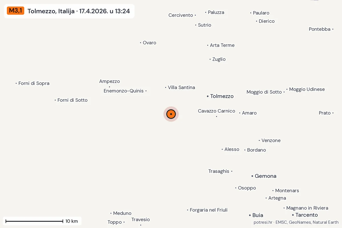 Karta: okolica epicentra, 60 km, potres M3,1, Tolmezzo, Italija, 17.4.2026.
