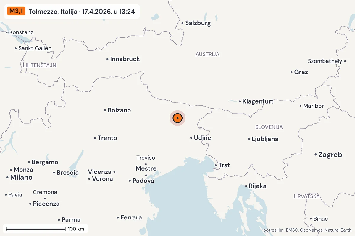 Karta: šire područje, 600 km, potres M3,1, Tolmezzo, Italija, 17.4.2026.