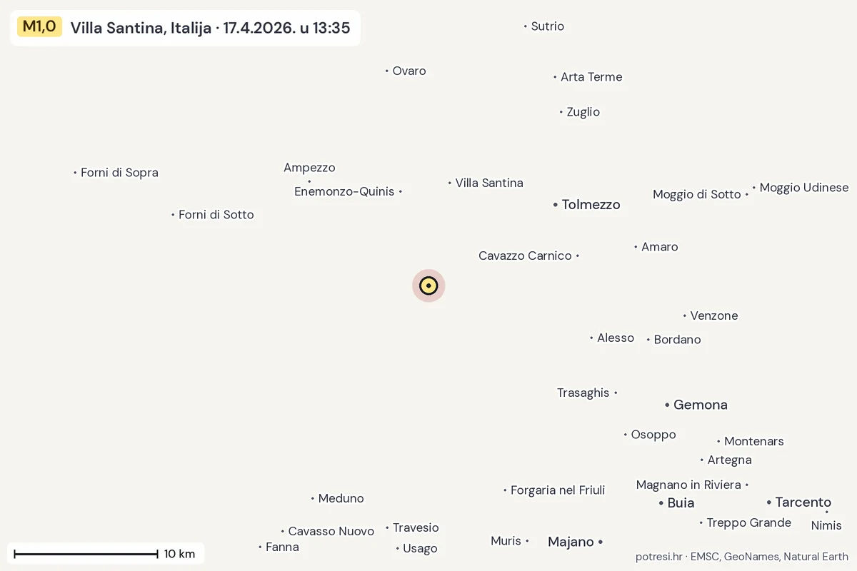 Karta: okolica epicentra, 60 km, potres M1,0, Villa Santina, Italija, 17.4.2026.