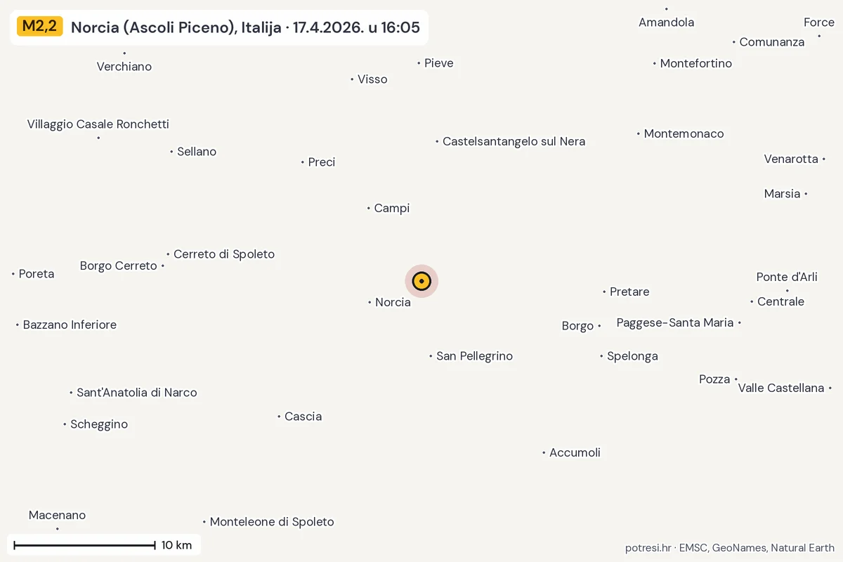 Karta: okolica epicentra, 60 km, potres M2,2, Norcia (Ascoli Piceno), Italija, 17.4.2026.