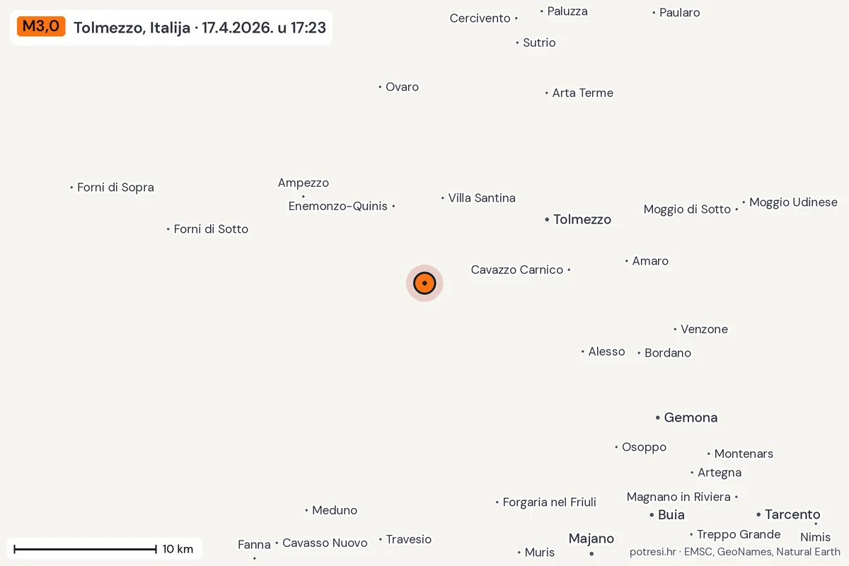 Karta: okolica epicentra, 60 km, potres M3,0, Tolmezzo, Italija, 17.4.2026.