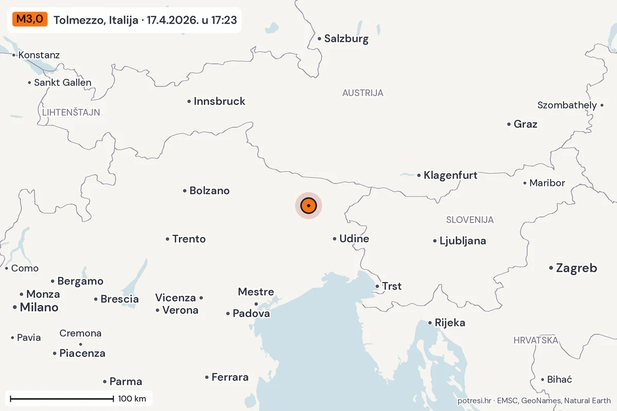 Karta: šire područje, 600 km, potres M3,0, Tolmezzo, Italija, 17.4.2026.