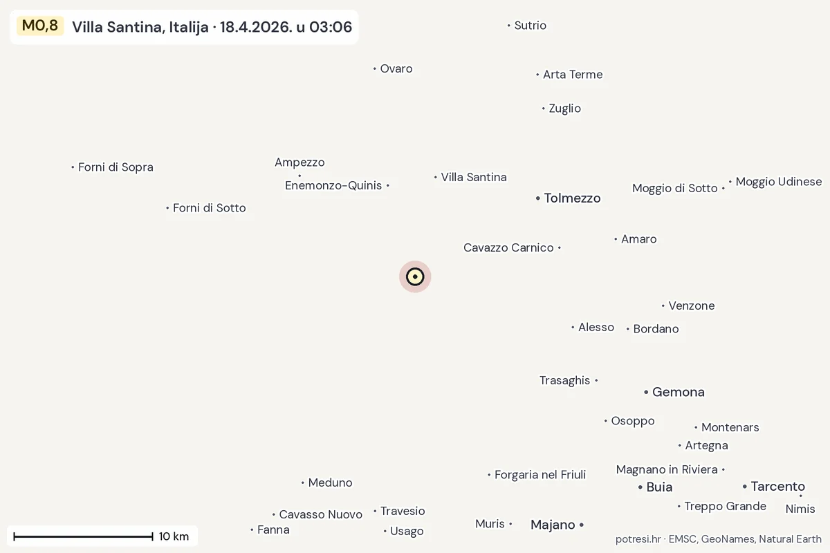 Karta: okolica epicentra, 60 km, potres M0,8, Villa Santina, Italija, 18.4.2026.