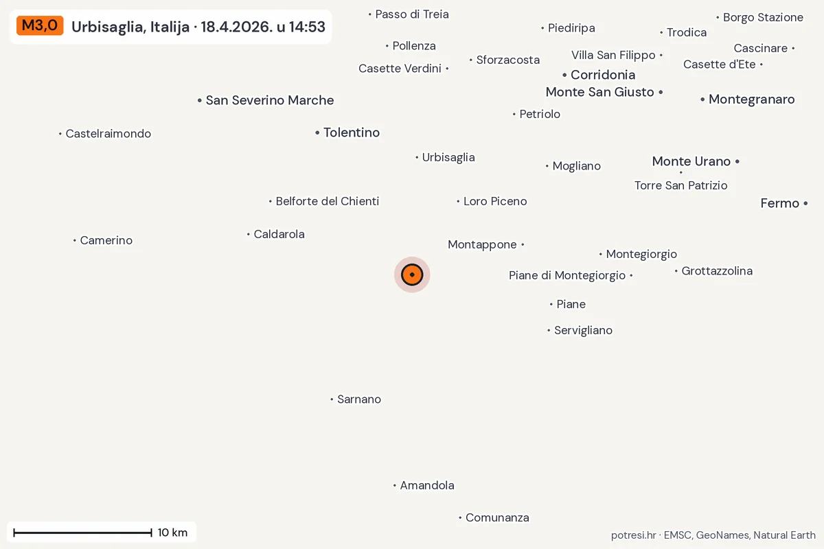 Karta: okolica epicentra, 60 km, potres M3,0, Urbisaglia, Italija, 18.4.2026.