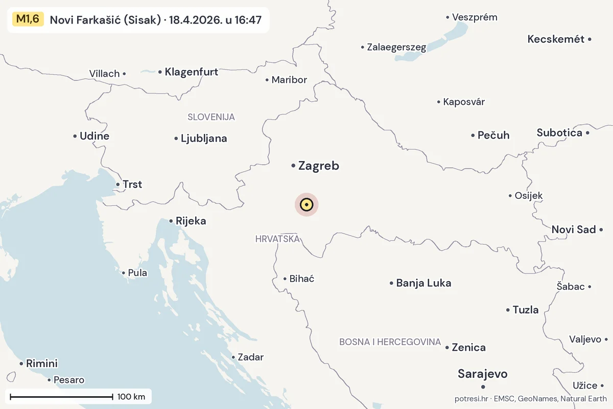 Karta: šire područje, 600 km, potres M1,6, Novi Farkašić (Sisak), 18.4.2026.
