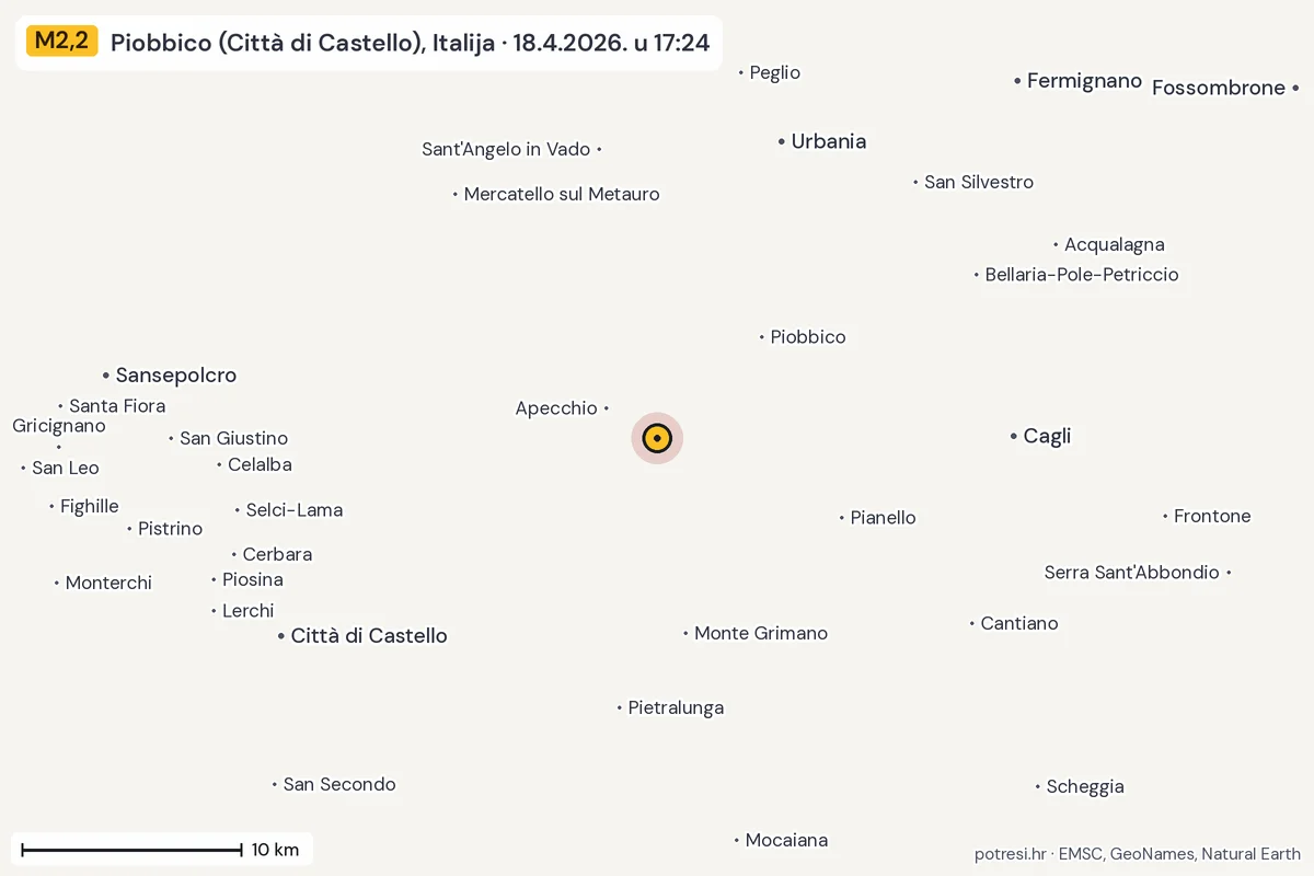Karta: okolica epicentra, 60 km, potres M2,2, Piobbico (Città di Castello), Italija, 18.4.2026.