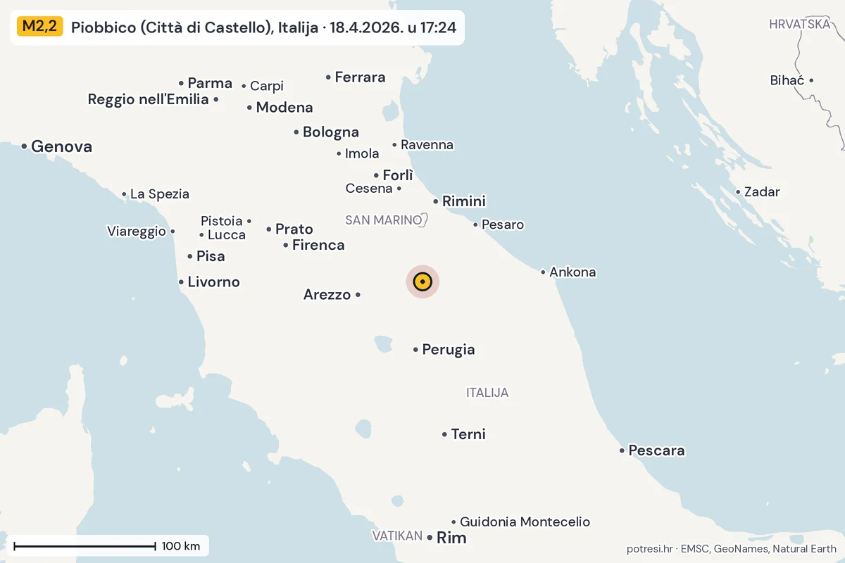 Karta: šire područje, 600 km, potres M2,2, Piobbico (Città di Castello), Italija, 18.4.2026.