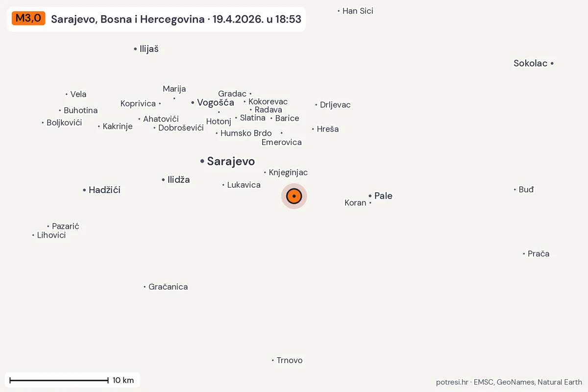 Karta: okolica epicentra, 60 km, potres M3,0, Sarajevo, Bosna i Hercegovina, 19.4.2026.
