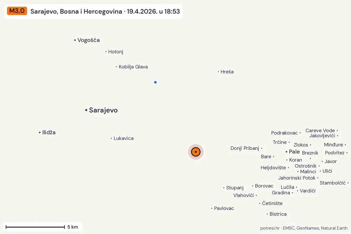 Karta: izvješća građana, potres M3,0, Sarajevo, Bosna i Hercegovina, 19.4.2026.