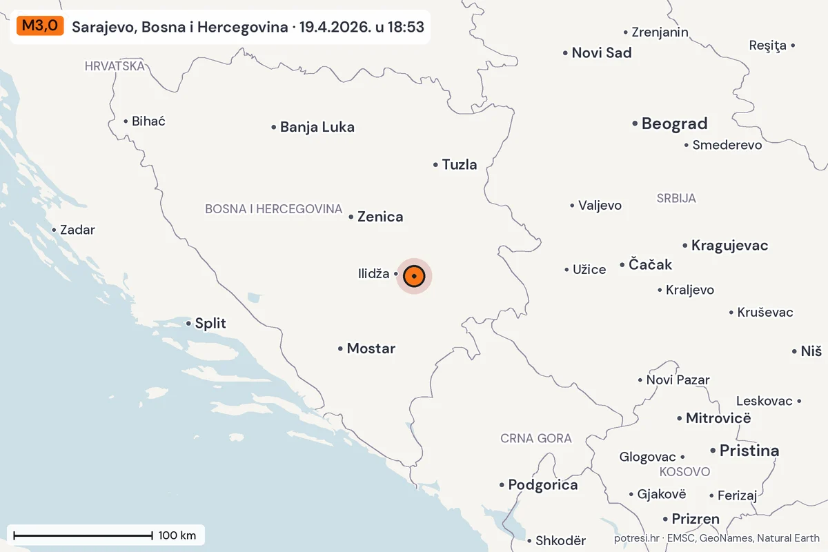 Karta: šire područje, 600 km, potres M3,0, Sarajevo, Bosna i Hercegovina, 19.4.2026.