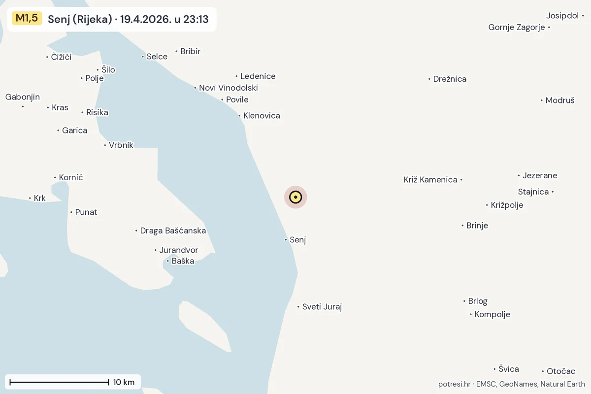 Karta: okolica epicentra, 60 km, potres M1,5, Senj (Rijeka), 19.4.2026.