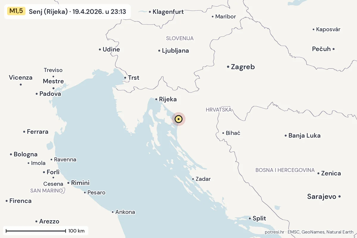 Karta: šire područje, 600 km, potres M1,5, Senj (Rijeka), 19.4.2026.