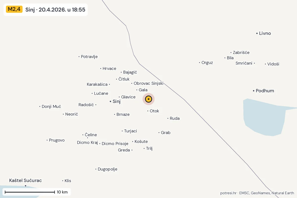 Karta: okolica epicentra, 60 km, potres M2,4, Sinj, 20.4.2026.