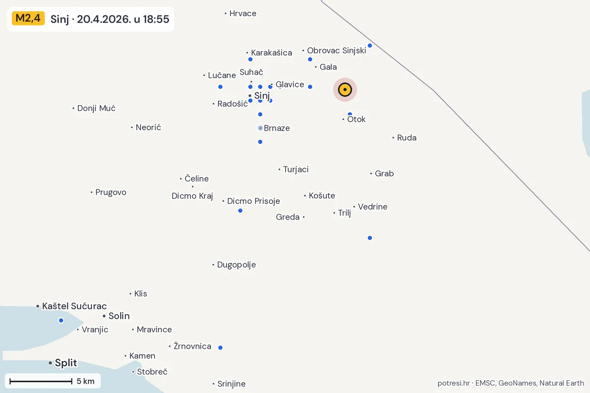 Karta: izvješća građana, potres M2,4, Sinj, 20.4.2026.