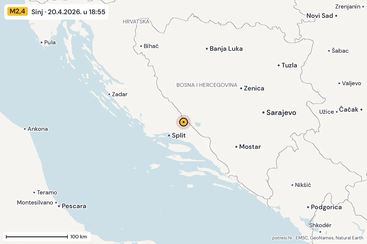 Karta: šire područje, 600 km, potres M2,4, Sinj, 20.4.2026.