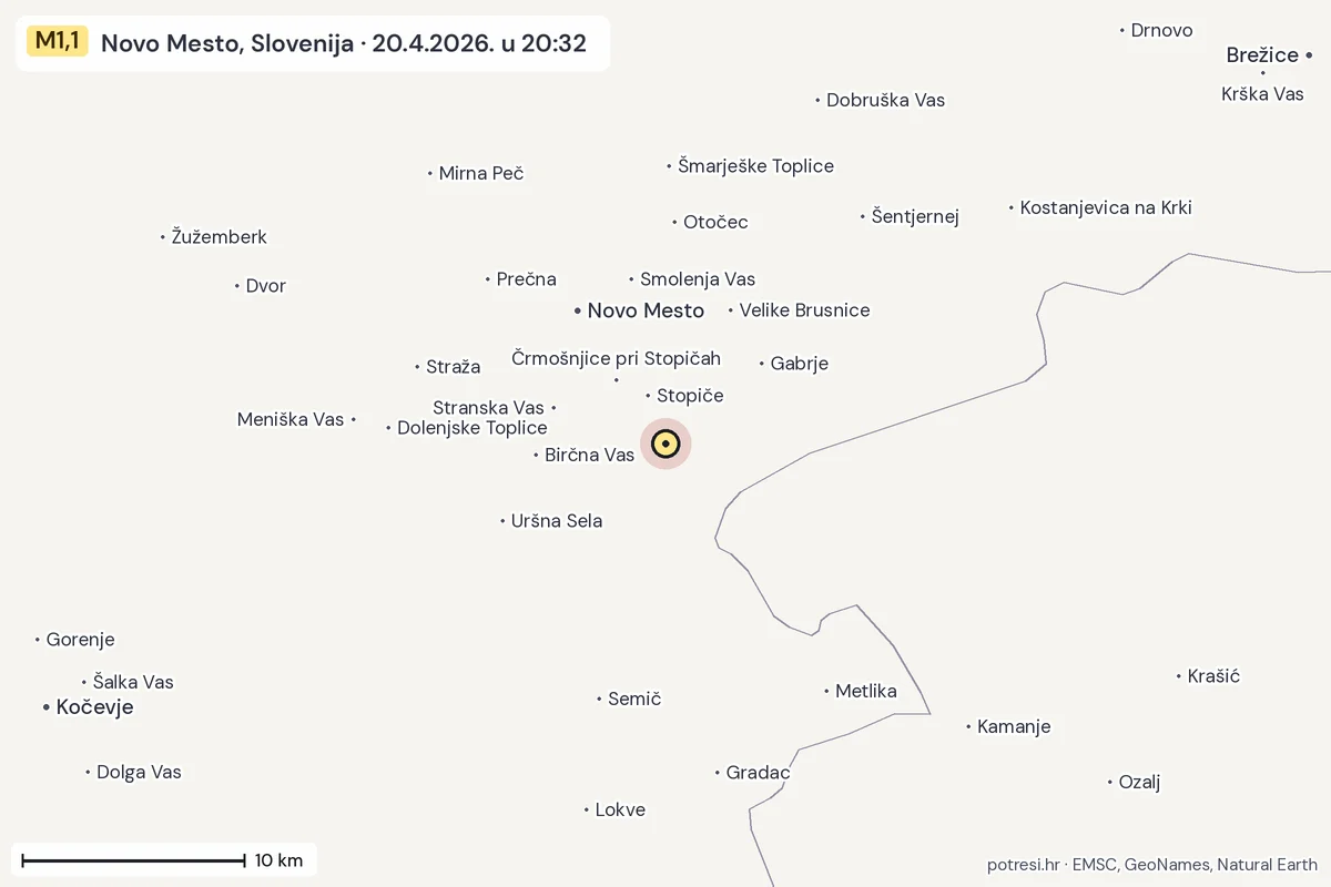 Karta: okolica epicentra, 60 km, potres M1,1, Novo Mesto, Slovenija, 20.4.2026.