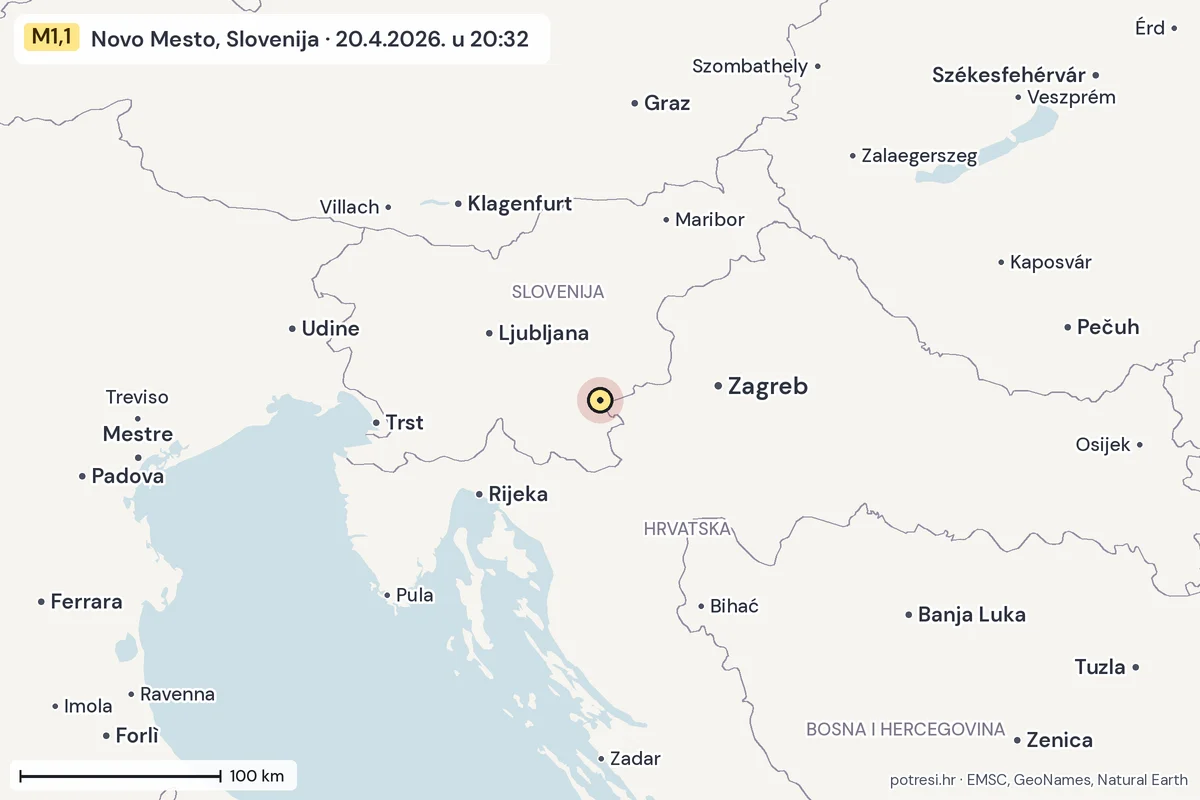 Karta: šire područje, 600 km, potres M1,1, Novo Mesto, Slovenija, 20.4.2026.