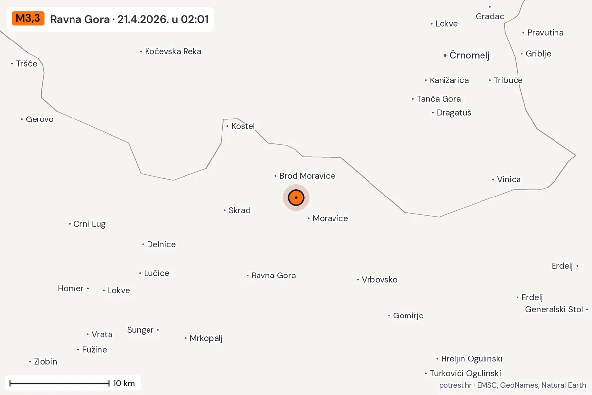 Karta: okolica epicentra, 60 km, potres M3,3, Ravna Gora, 21.4.2026.