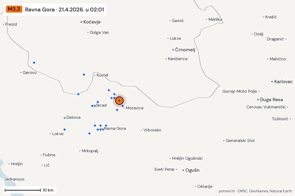 Karta: izvješća građana, potres M3,3, Ravna Gora, 21.4.2026.
