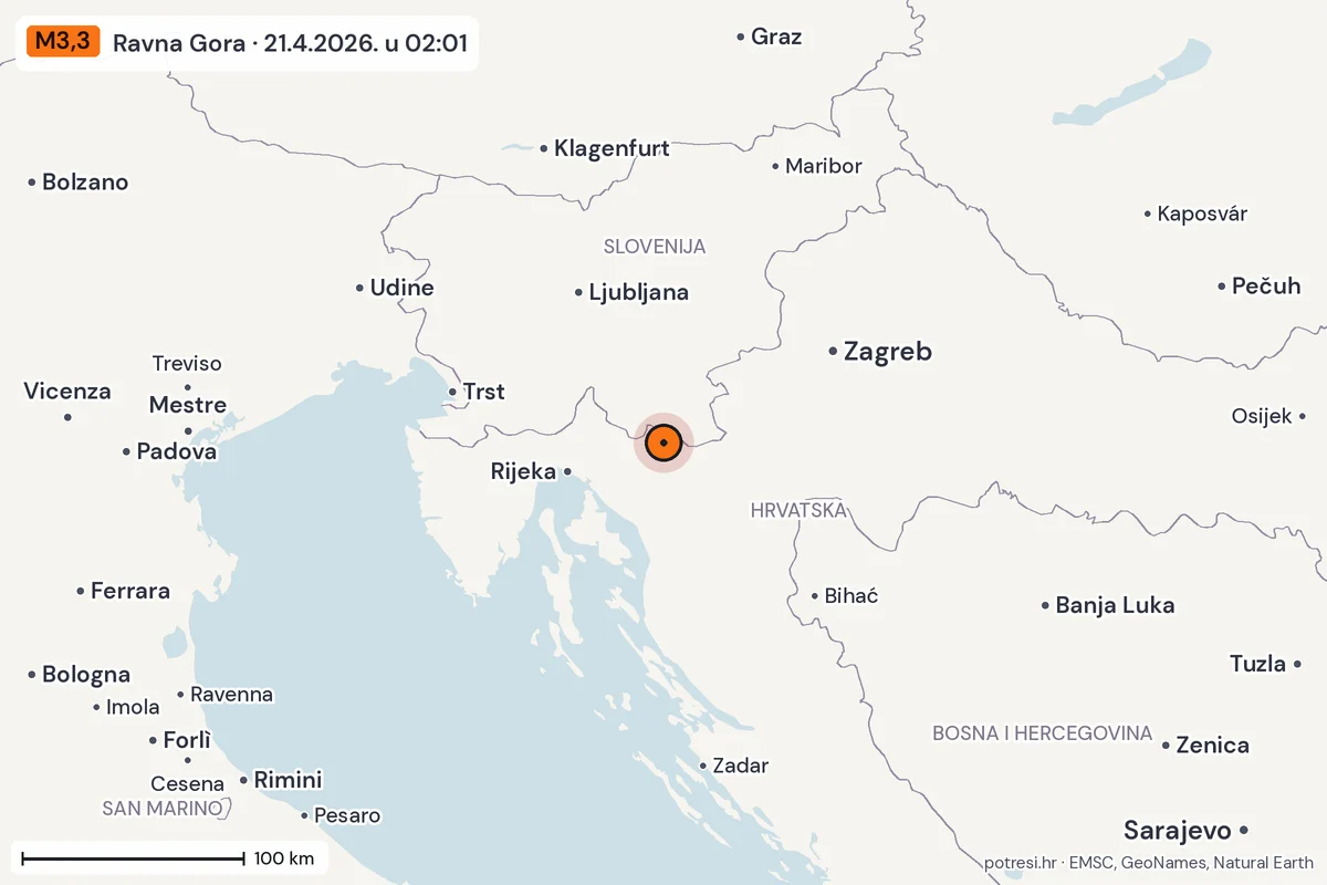 Karta: šire područje, 600 km, potres M3,3, Ravna Gora, 21.4.2026.