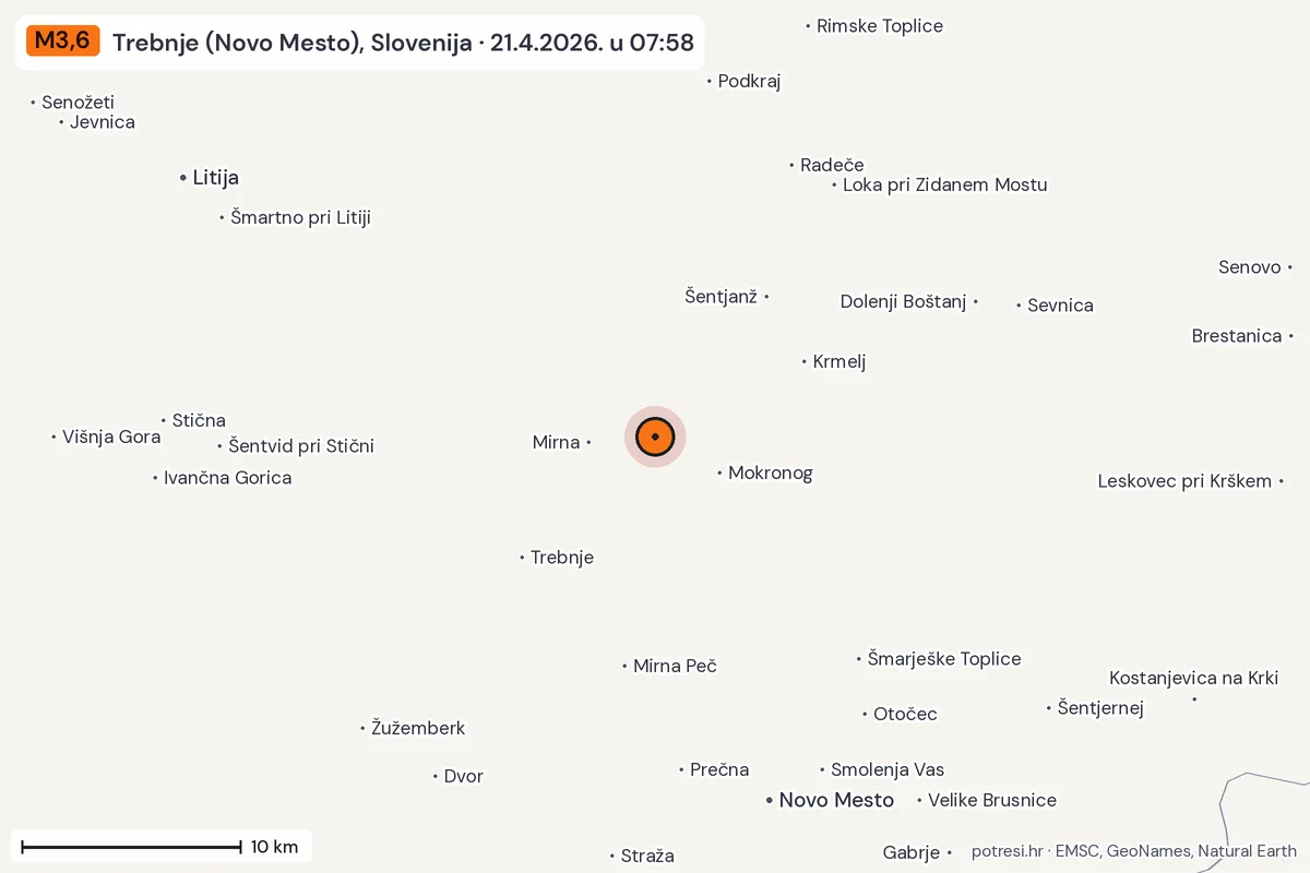 Karta: okolica epicentra, 60 km, potres M3,6, Trebnje (Novo Mesto), Slovenija, 21.4.2026.