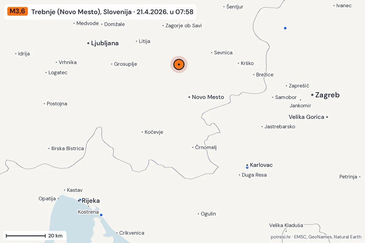 Karta: izvješća građana, potres M3,6, Trebnje (Novo Mesto), Slovenija, 21.4.2026.