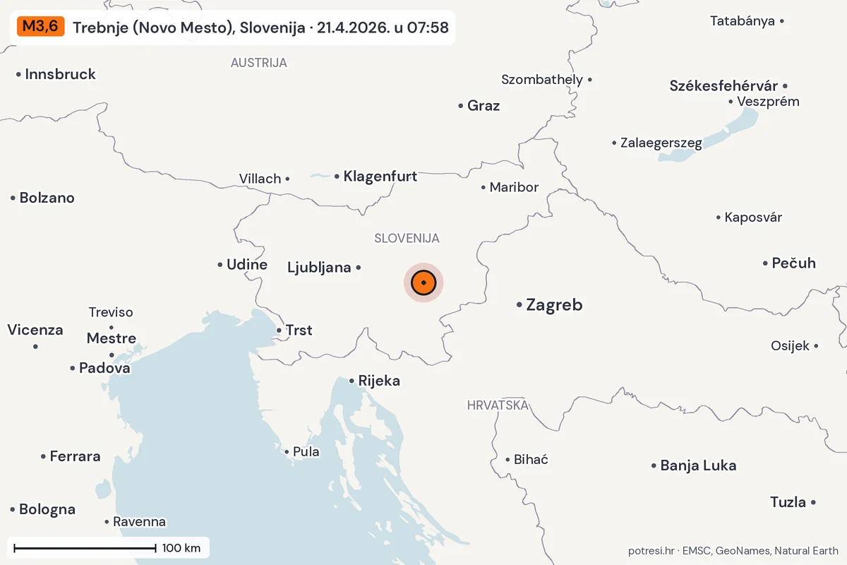 Karta: šire područje, 600 km, potres M3,6, Trebnje (Novo Mesto), Slovenija, 21.4.2026.