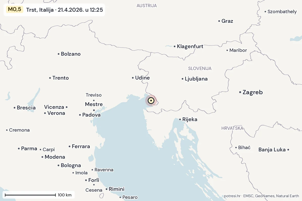 Karta: šire područje, 600 km, potres M0,5, Trst, Italija, 21.4.2026.