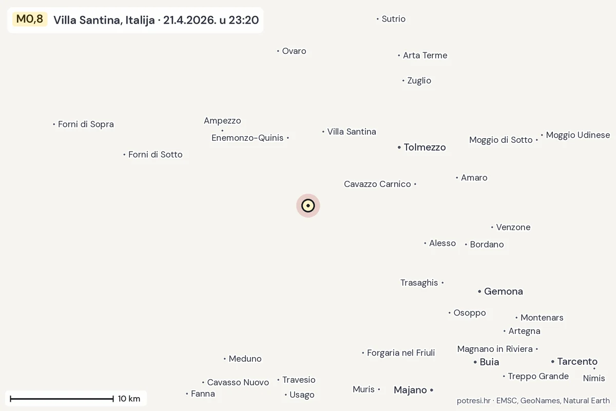 Karta: okolica epicentra, 60 km, potres M0,8, Villa Santina, Italija, 21.4.2026.