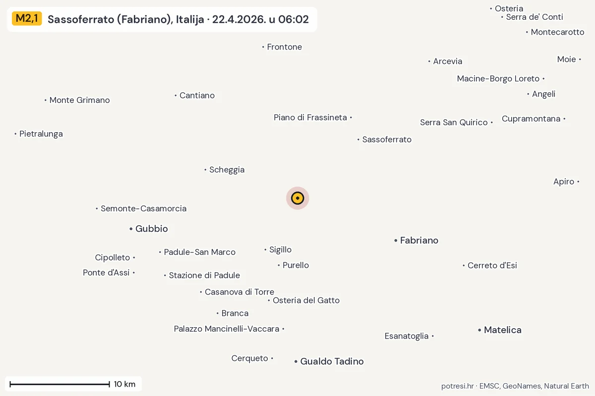 Karta: okolica epicentra, 60 km, potres M2,1, Sassoferrato (Fabriano), Italija, 22.4.2026.
