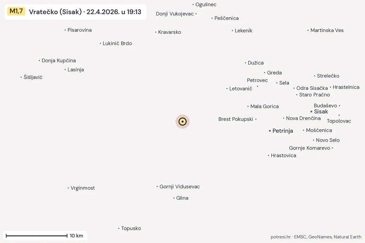 Karta: okolica epicentra, 60 km, potres M1,7, Vratečko (Sisak), 22.4.2026.