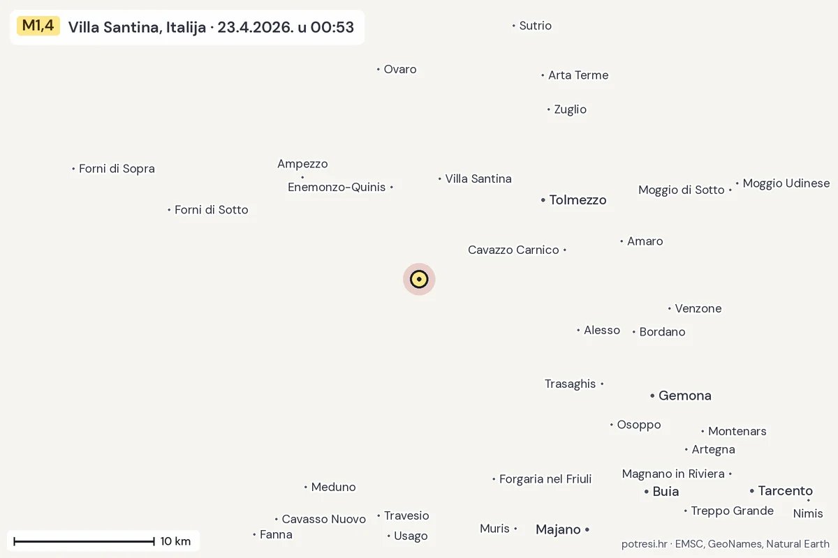 Karta: okolica epicentra, 60 km, potres M1,4, Villa Santina, Italija, 23.4.2026.