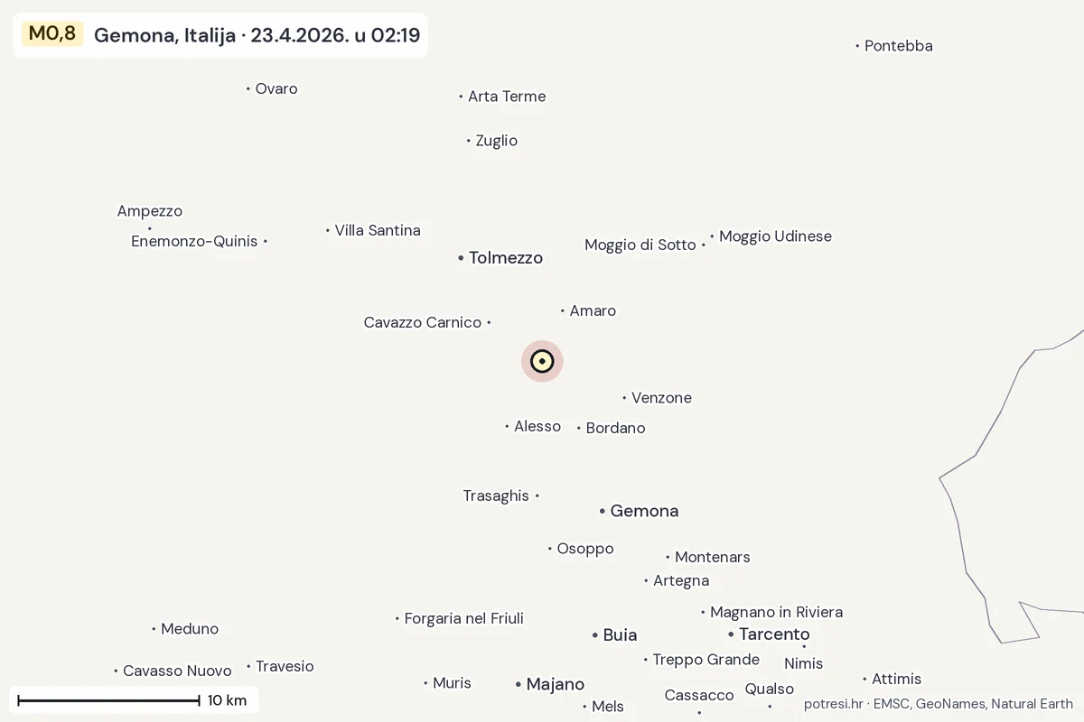 Karta: okolica epicentra, 60 km, potres M0,8, Gemona, Italija, 23.4.2026.