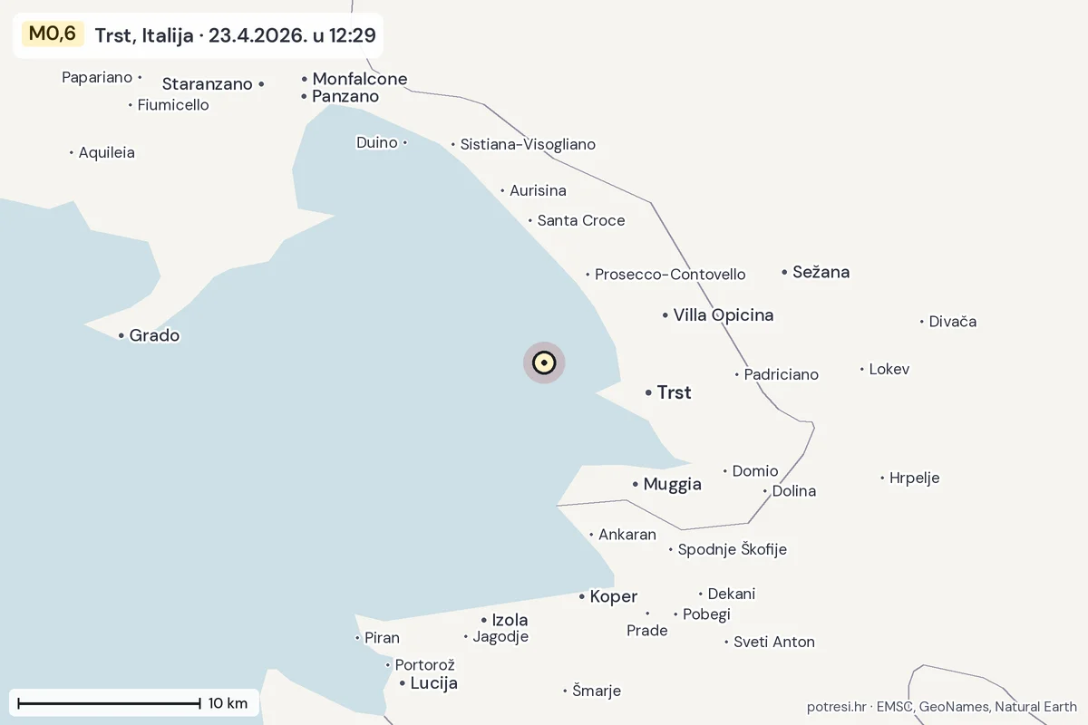 Karta: okolica epicentra, 60 km, potres M0,6, Trst, Italija, 23.4.2026.