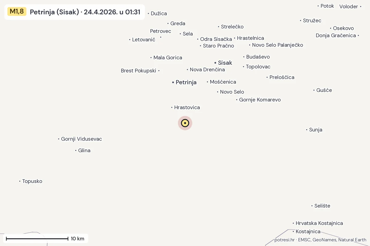 Karta: okolica epicentra, 60 km, potres M1,8, Petrinja (Sisak), 24.4.2026.