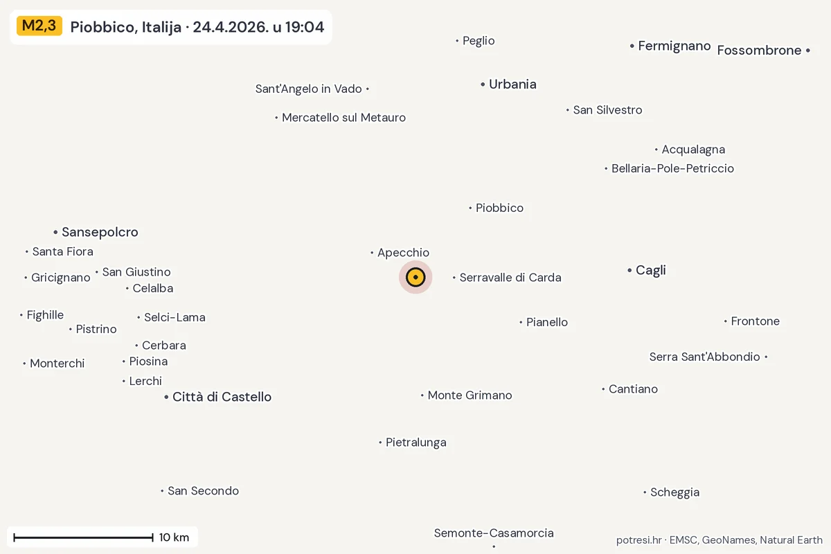Karta: okolica epicentra, 60 km, potres M2,3, Piobbico, Italija, 24.4.2026.