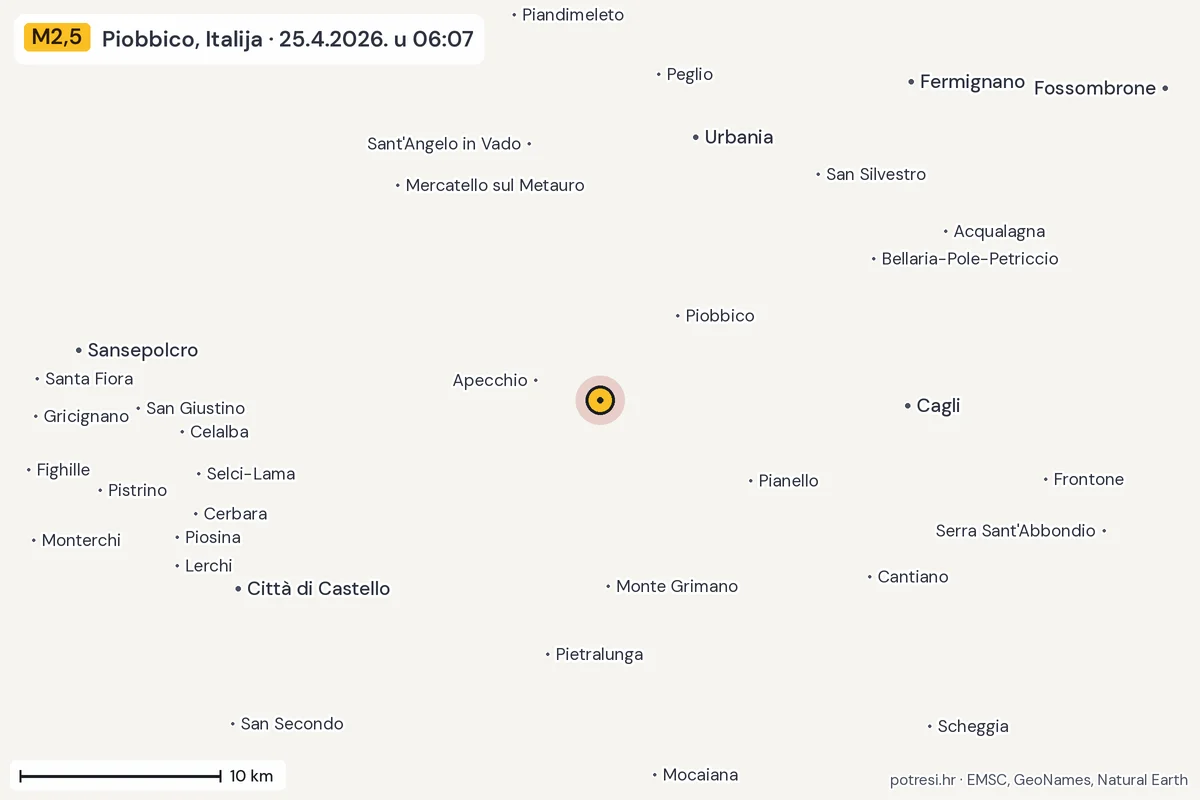Karta: okolica epicentra, 60 km, potres M2,5, Piobbico, Italija, 25.4.2026.