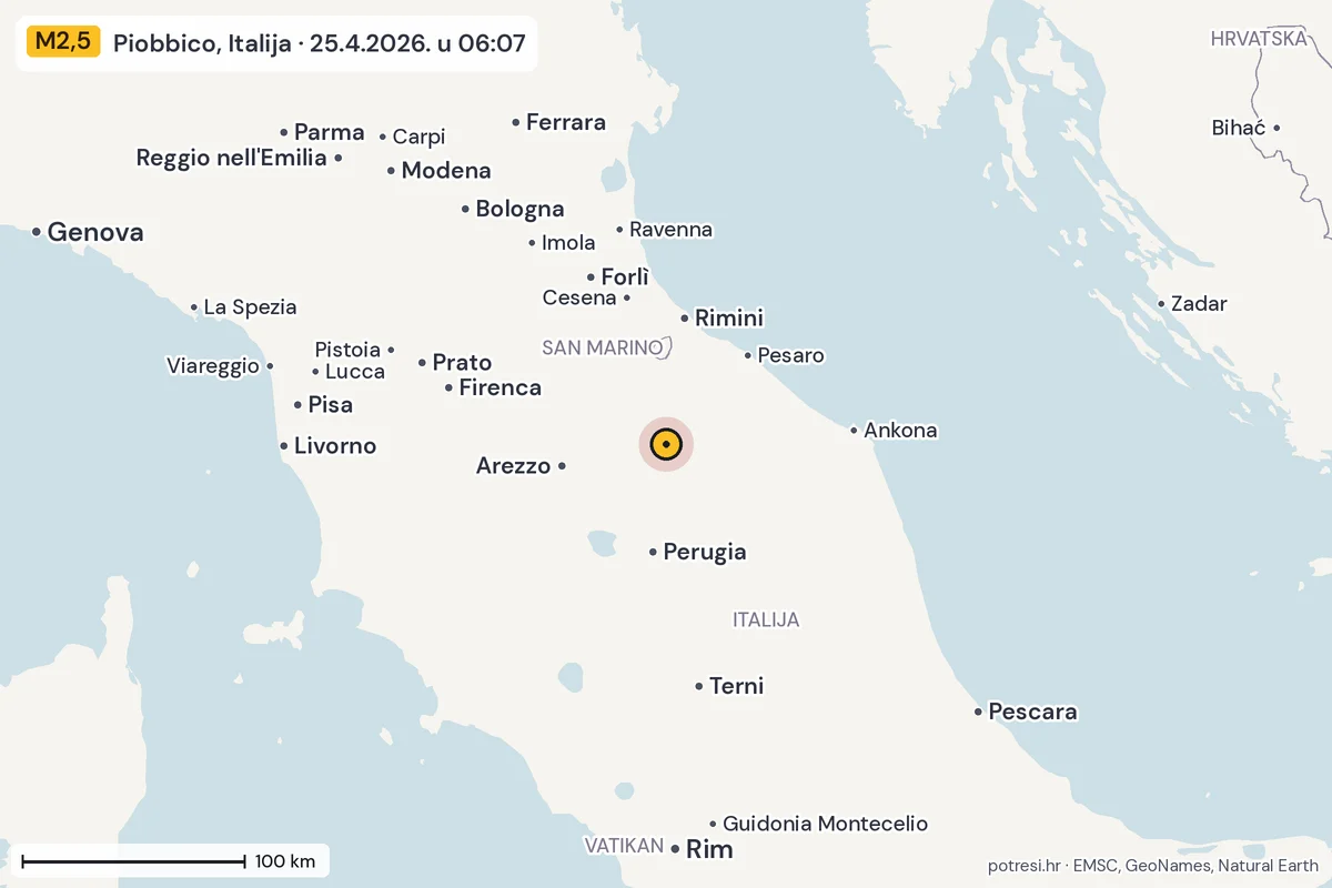 Karta: šire područje, 600 km, potres M2,5, Piobbico, Italija, 25.4.2026.