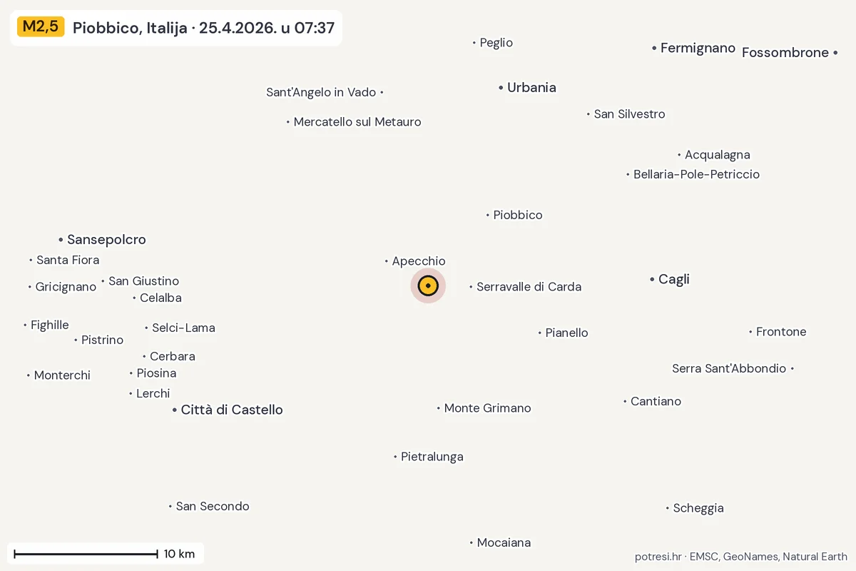 Karta: okolica epicentra, 60 km, potres M2,5, Piobbico, Italija, 25.4.2026.