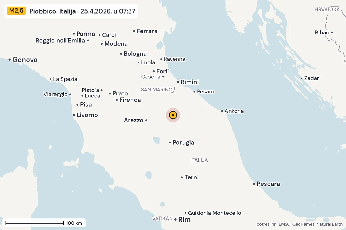 Karta: šire područje, 600 km, potres M2,5, Piobbico, Italija, 25.4.2026.