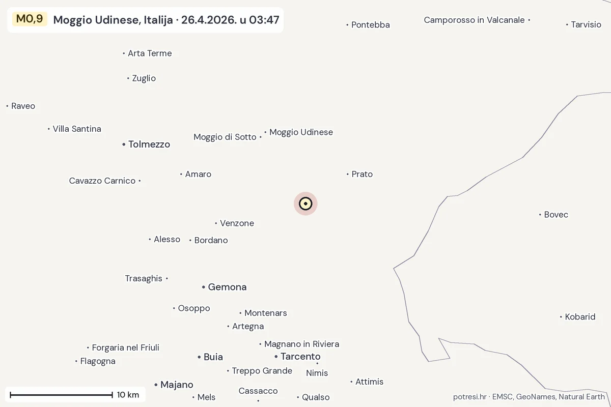Karta: okolica epicentra, 60 km, potres M0,9, Moggio Udinese, Italija, 26.4.2026.