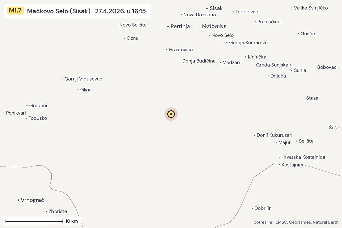 Karta: okolica epicentra, 60 km, potres M1,7, Mačkovo Selo (Sisak), 27.4.2026.