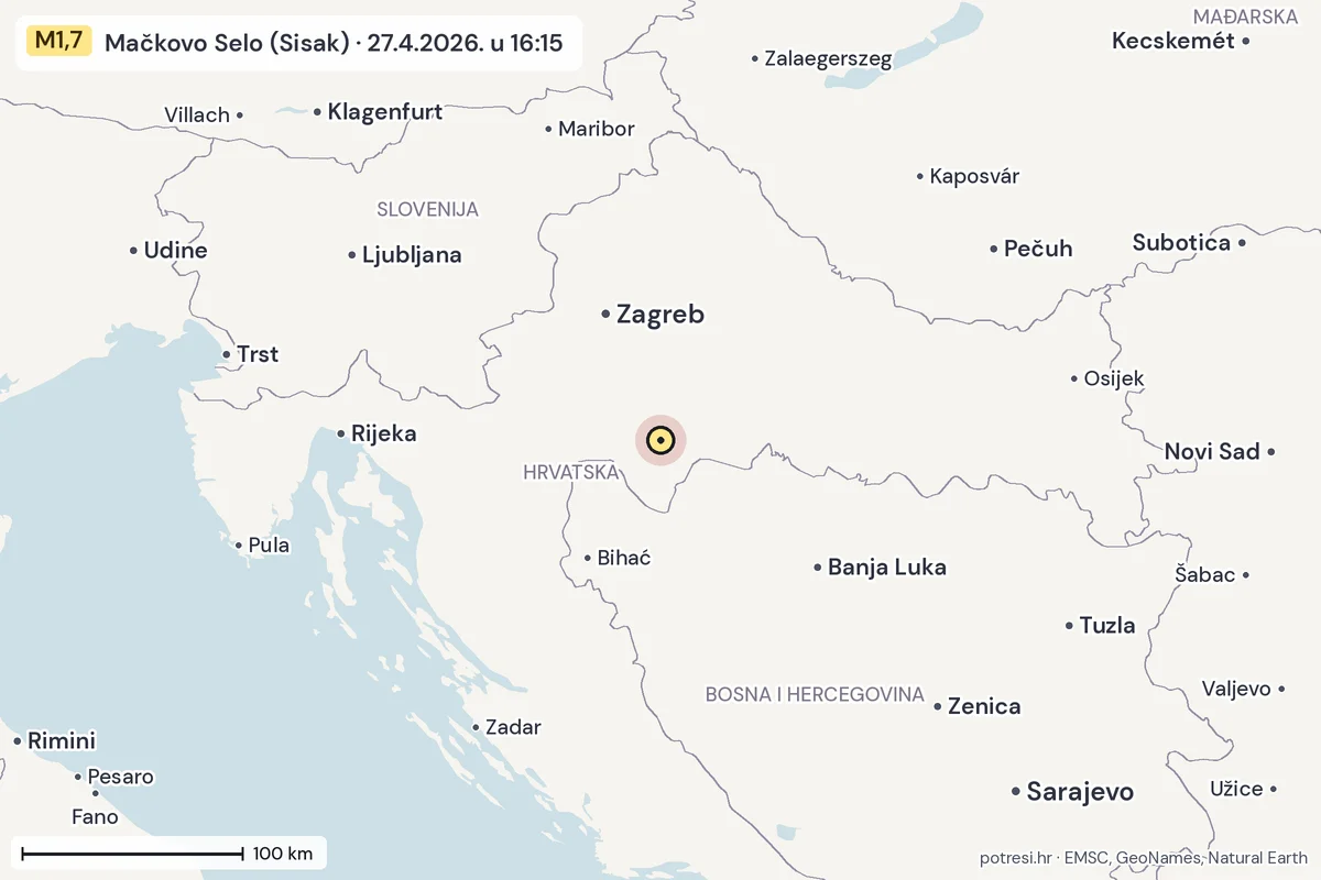 Karta: šire područje, 600 km, potres M1,7, Mačkovo Selo (Sisak), 27.4.2026.